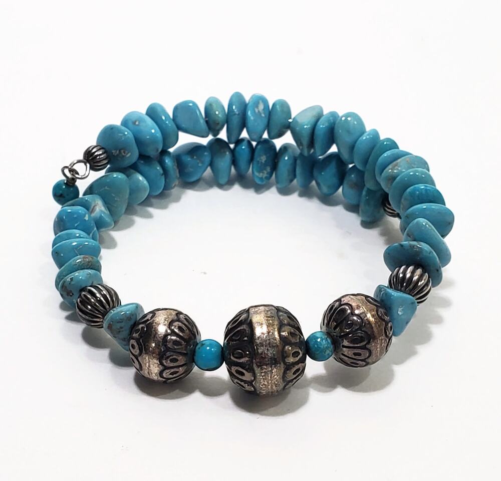 Carolyn Pollack Turquoise Sterling Silver Memory Wire Bracelet Signed